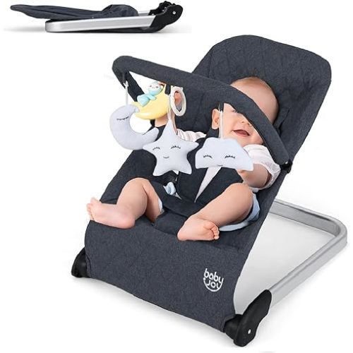 BABY JOY Baby Bouncer, Foldable Baby Bouncer Seat with 5-Point Safety Harness, Removable Fabric Cover & 3 Plush Toys, Portable Infant Bouncer for Babies 0-6 Months (Dark Grey)