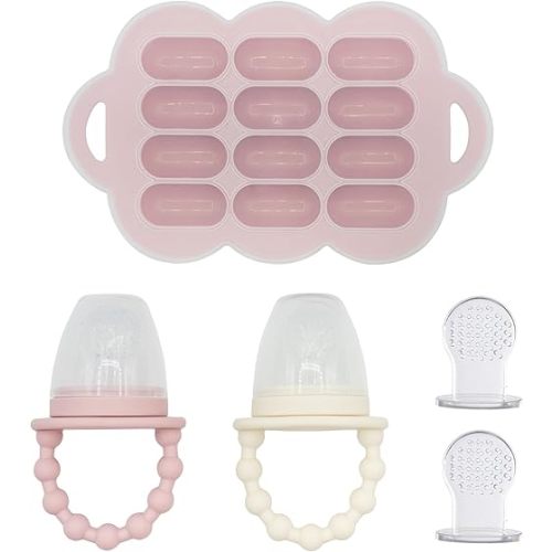 WeeSprout Baby Food Feeder Set - 2 Silicone Feeders & Reusable Freezer Tray with Lid - BPA-Free Fresh Fruit & Veggie Pacifier for Babies & Toddlers - Double as Teething Toys - Dishwasher Safe