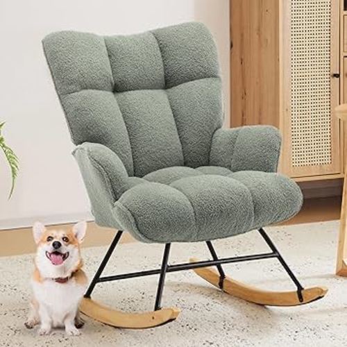 Nursery Rocking Chair Teddy Upholstered Glider Rocker Rocking Accent Chair with High Backrest Comfy Armchair with Padded Seat Soft Side Chair for Living Room Bedroom Office (Green Teddy)