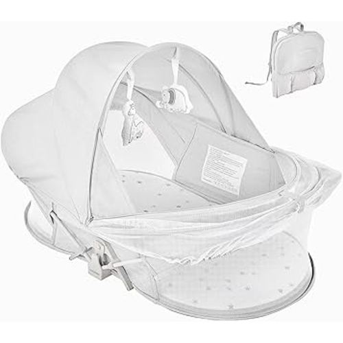 Portable Baby Bassinet Travel Baby Bed, Baby Cribs Travel Pod for Outdoors Baby Lounger,Foldable Infant Travel Bed with Mosquito Net and Sunshade Canopy, Lightweight Washable (Gray)