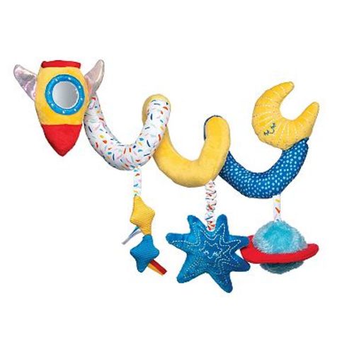 Manhattan Toy Space Themed Baby Travel Spiral with Baby-safe Mirror, Elastic Pull Cord and Rattle Chime