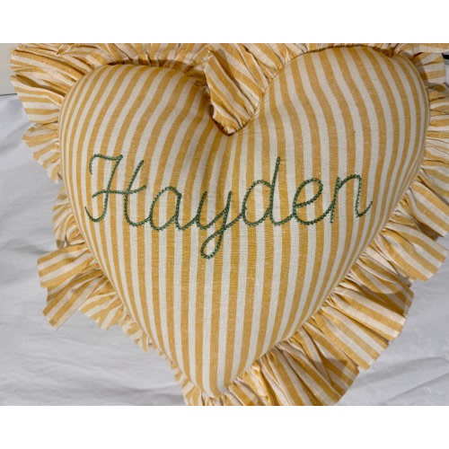 Yellow stripe linen heart shape ruffled cushion