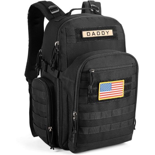 SHARKMOUTH Dad Diaper Bag Backpack - Military Baby Gear Backpacks with Daddy Patches Black