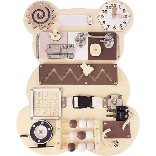 Busy Board Bear for Toddlers Wooden Montessori Toys,Sensory Board,Activity Board for Fine Motor Skills,Travel Toy,Educational Learning Toy for 3 Year Old Boys & Girls with Keys,Locks,Latches Board