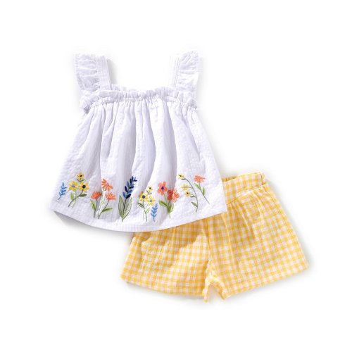 Little Me Baby Girls 12-24 Flutter Sleeve Floral-Border Woven Top & Checked Shirting Shorts Set