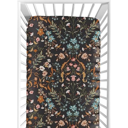Sweet Jojo Designs Boho Wildflower Vintage Floral Girl Fitted Crib Sheet Baby Toddler Bed Nursery Black Rust Orange Teal Daisy Leaves Botanical Paisley Leaf Flower Bohemian Farmhouse Turquoise Blue
