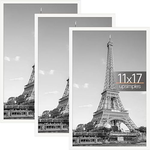 upsimples 11x17 Picture Frame White 3 Pack, Scratch-Proof 11 x 17 Poster Frames for Photo Gallery - Slide-In Strips, Horizontal or Vertical Wall Mounting