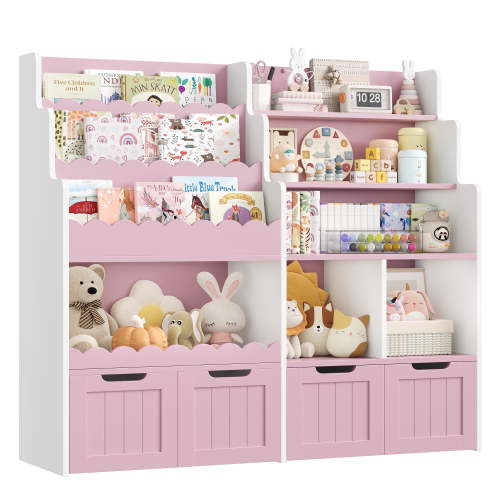 Hiphuta 47"Wide Large Kids Bookcase, Wood Bookshelf Toy Storage Organizer with Book Rack & Movable Boxes, Pink Bookshelf for Kids Room