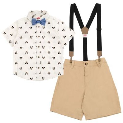 Disney Mickey Mouse Infant Baby Boys Button Down Shirt Twill Shorts Suspenders and Bow-Tie 4 Piece Outfit Set 18 Months
