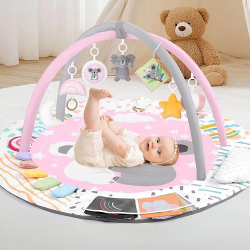 Baby Play Gym & Activity Mat, Tummy Time Mat with Tummy Time Pillow 7 Detachable Sensory Toys and Educational Cards for Motor Skills & Sensory Development, Baby Essentials Shower Gift, Pink Koala