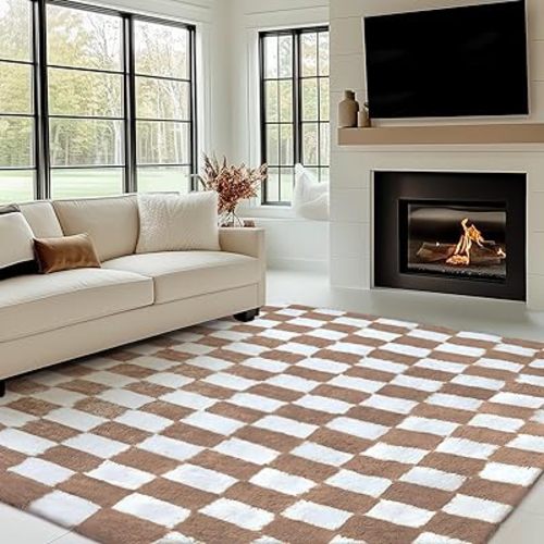 Checkered Rug 5x8 for Living Room, Beige and White Modern Shag Rug Super Soft Washable Indoor Fuzzy Carpet Non-Slip Fluffy Rugs for Bedroom Home Aesthetic Decor