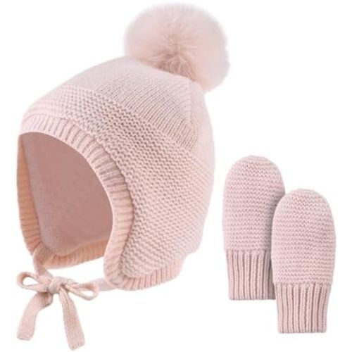 Basic Winter Baby Beanie Gloves Boys Girls Knitted Hat Pompom Kids Earflap Hats Warm Infant Toddler Beanie Mittens Set