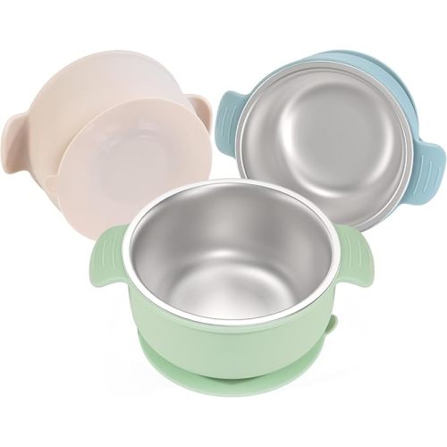 Bella's Friends Stainless Steel and Silicone Baby Bowls with Suction 3 Pack, 4.3” for Toddlers Kids Feeding, Non-Slip, Non-Toxic, Mess-Free, Dishwasher Safe, Fit High Chair Size, beige green blue
