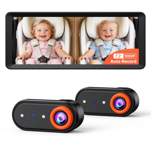 Luckview BM5 MAX 1080P Dual Baby Car Camera with Recording, 7.2" Split Monitor for 2 Kids, Dual Car Camera Baby Monitor with Auto Night Vision, Easy Installation Carseat Camera for Baby