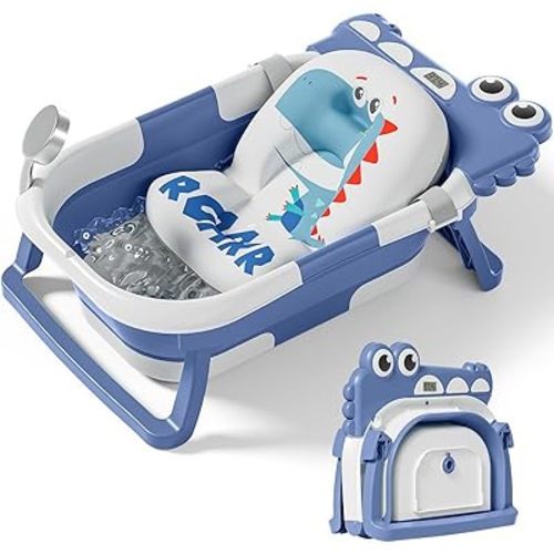 TPN Collapsible Baby Bathtub for Infants to Toddler with Real-time Temp Monitor+Floating Cushion,Foldable Baby Bath Tub Set Applicable 0-36 Month,Perfect Portable Travel Baby Tub for Newborns Boy