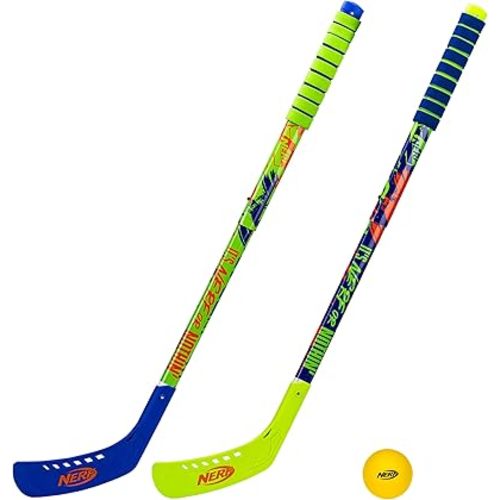 Franklin Sports NERF Proshot Kids Hockey Sticks+Ball Set-2 Player Youth Indoor+Outdoor NERF Hockey Set-2 in 1 Knee+Floor Hockey Sticks-(2)NERF Proshot Youth Hockey Sticks+(1)Foam Hockey Ball Included