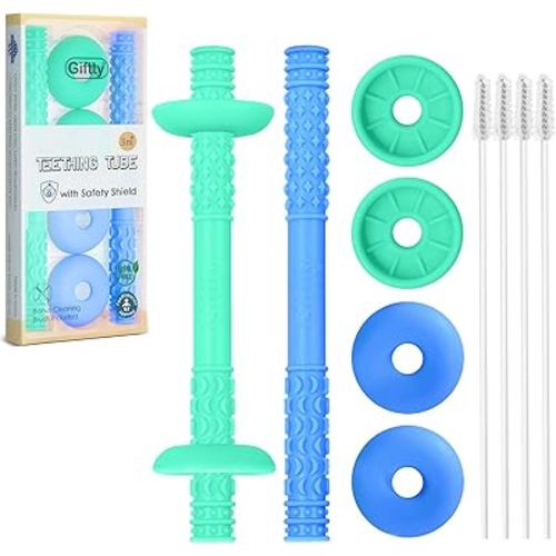 Giftty Teething Tube with Safety Shield Baby Hollow Teether Sensory Toys Gum Massager, Food-Grade Silicone for Infant 3-12 Months Boys Girls, 1 Pair with 4 Cleaning Brush Included (Emerald+Blue)
