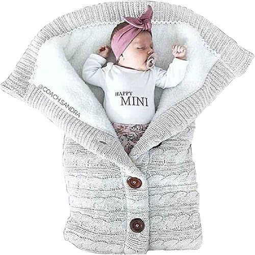 Warm Baby Sleeping Bag Envelope Winter Kid Sleepsack Footmuff Stroller Knitted Sleep Sack Newborn Knit Wool Swaddling Blanket (Light Gray)