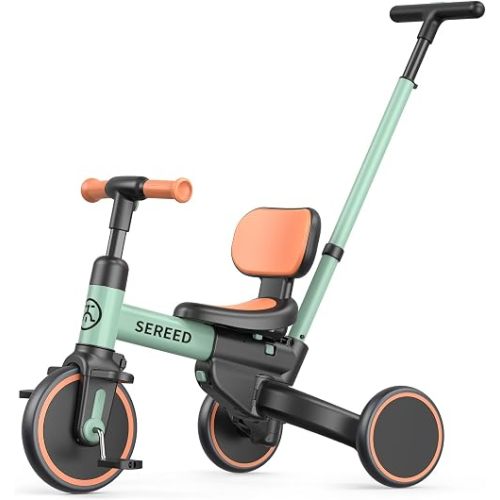 SEREED 5-in-1 Toddler Tricycle for 1-4 Year Old Boys Girls, Parent Steering Detachable Push Handle Trike, Balance Bike with Backrest & Removable Pedals, Birthday Gift Toy for Kids Ages 1+，Green