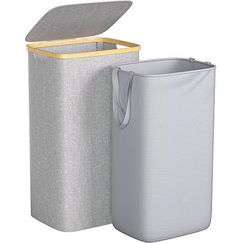 Large Laundry Hamper, 100L Waterproof Laundry Basket with Lid and Removable Bag, Collapsible Tall Clothes Hamper with Bamboo Handles for Clothes Toys in Dorm Bedroom Bathroom, Grey