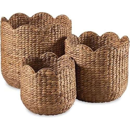 Best Choice Products 3pc Water Hyacinth Scalloped Multipurpose Nesting Baskets, Storage Bin Organization Totes for Living Room, Bedroom, Nursery, Laundry Room -Chestnut