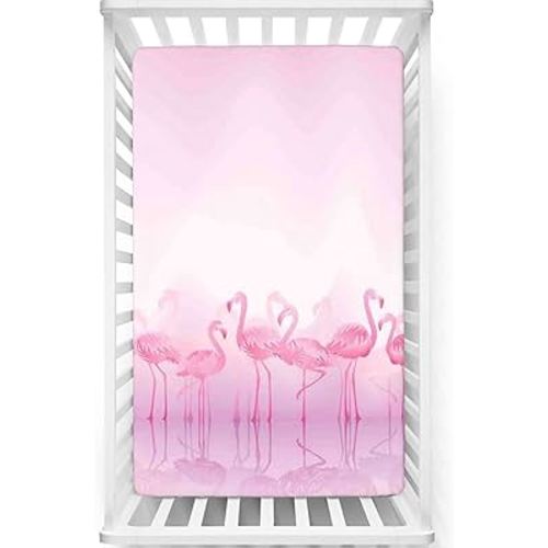 Flamingo Themed Fitted Mini Crib Sheets,Portable Mini Crib Sheets Soft and Breathable Bed Sheets-Great for Boy or Girl Room or Nursery, 24“ x38“,Pink