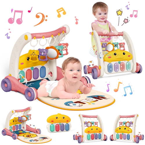 UQN 4 In 1 Baby Play Gym & Play Mats,Kick and Play Piano Gym, Baby Activity Walker for 0-24 Months Infant Newborn Toddler, Pink