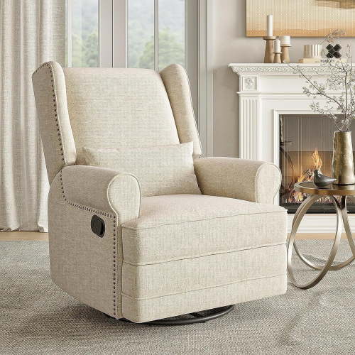 Royalcraft Reclining Rocking Nursing Glider, Swivel Nursery Chair with Lumbar Pillow and Footrest, Beige