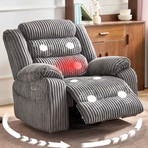 JUUXO Extra Wide Rocking Power Recliner Chair 270° Swivel with Heat Massage - USB & Type C Charging Port - Velvet Swivel Reclining Chair for Living Room Bedroom Office