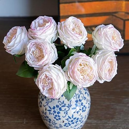 Light Pink 4pcs Fake Flowers for Decoration Home Decor Real Touch Artificial Flowers Austin Rose Peony Latex Fake Flower Living Room Decoration Vivid Pink Roses Peonies(Pink Edge 4pcs)