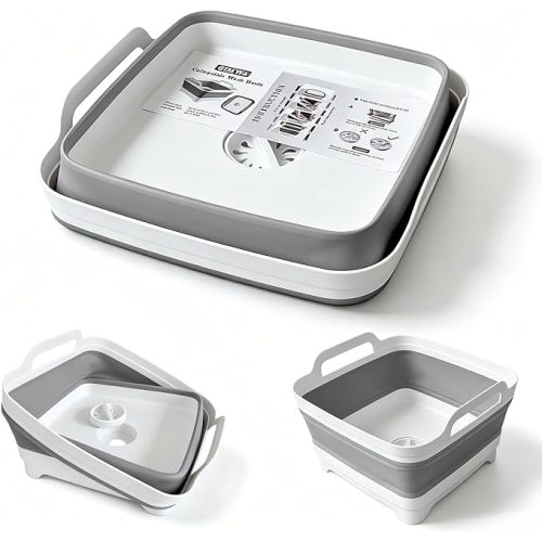 Collapsible Wash Basin with Drain Plug - 2.4 Gallon Foldable Kitchen Sink for Baby Bottles, RV Camping, Space-Saving Dish Tub (Gray) | 2.4 Gal, Collapsible Dish Basin, Drain Plug, Kitchen Sink, Camping, RV, Space-Saving, Narrow Sink, Apartment, Baby Bottl
