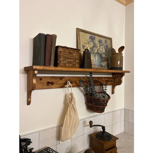 Shaker peg rack with shelf, stained peg shelf, Shaker peg coat rack, coffee bar shelf, shelf with hooks, wood shelf with pegs, stained shelf
