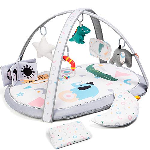 Washable Replaceable Baby Gym Activity Center Play Mat with 2 Mat Covers, Lupantte Visual, Hearing, Touch, Cognitive Early Development Playmats, 6 Toys for Infant & Toddler, Larger, Thicker,Non Slip