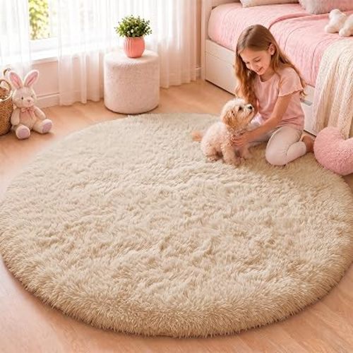 OLANLY Beige Round Rugs for Bedroom - Machine Washable, 4 ft Circle Area Rugs for Living Room, Soft and Fluffy Shaggy Carpet for Teen Girls and Boys, Nursery Rooms, Dorms, Home Decor Aesthetic