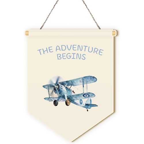 MOTERMATE Airplane Adventure Nursery Sign Decor, Airplane Nursery Front Door Wall Hanging Decor Decorations for Kids Boys Girls Room Bedroom Playroom Classroom, the Adventure Begins Sings, 8x10 Inch