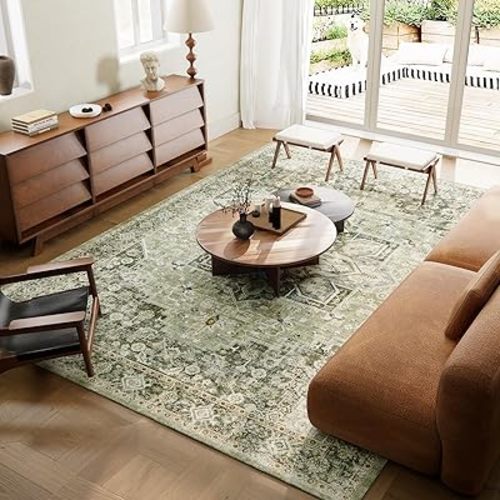 5×7 Machine Washable Rug for Living Room, Boho Vintage 5×7 Area Rug, Distressed Accent Low Pile Ultra Soft Large Carpet for Bedroom Bathroom Dining Room, Floral/Green - 5'×7'