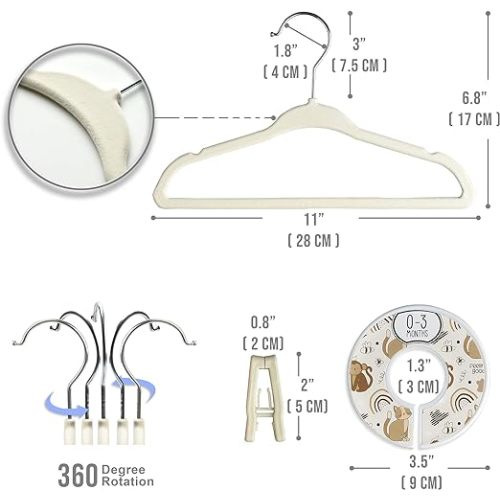 Unisex Nursery Closet Organizer Set - 30X Velvet Hangers for Baby Clothes with 8X Closet Size Dividers (Newborn Infant to Toddler) and 10X Hanger Clips - All in Cute Box (Beige)