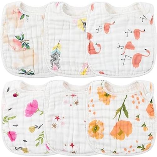Zainpe 6Pcs Snap Muslin Cotton Bibs for Baby Flamingo Star Flower, Machine Washable Adjustable Burp Cloths with 6 Absorbent Soft Layers for Infant Newborn Toddler Drooling Feeding and Teething