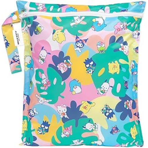 Bumkins Waterproof Wet Bag for Baby, Travel, Swim Suit, Cloth Diapers, Pump Parts, Pool, Beach, Gym Clothes, Toiletry, Hook to Stroller, Daycare, Zipper Reusable Wetdry Packing Pouch, Hello Kitty Luau