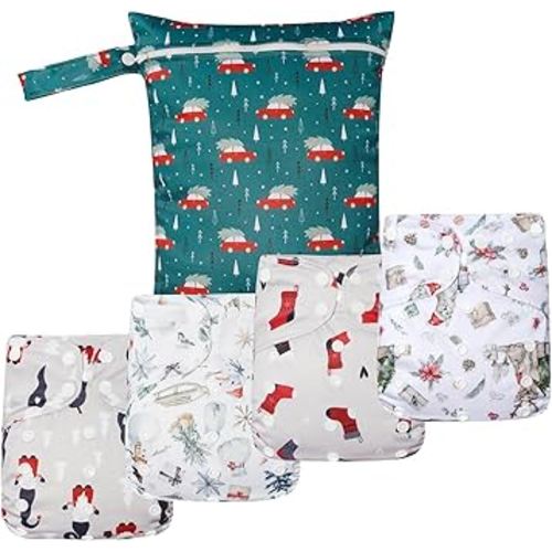 HappyFlute 9 Sets Newborn Baby Cloth Pocket Diapers Adjustable Reusable for Baby Boys and Girls(6-33 pounds,0-3 Years),One Wet Bag+4Diapers and 4Inserts