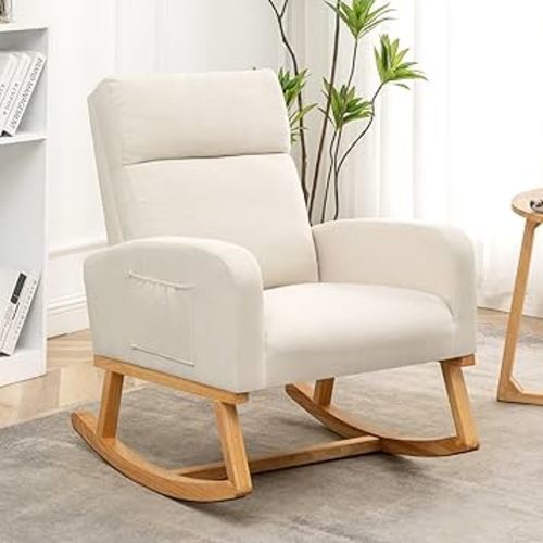 Rocking Chair Nursery, Upholstered Nursing Rocker Chairs with High Backrest, Modern Glider Rocking Chair for Nursery Living Room, Bedroom, Beige