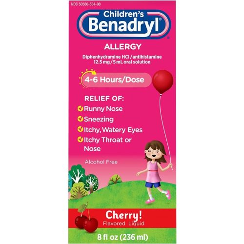 Benadryl Children's Allergy Relief Liquid Medicine with Diphenhydramine HCl Antihistamine for Kids' Allergy Relief, Effective Allergy Relief, Cherry Flavor, 8 fl. oz
