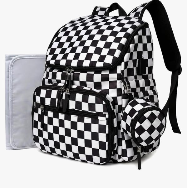 FHELAD Checkered Diaper Bag Backpack with Changing Pad & Stroller Clips