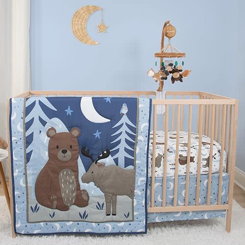 The Peanutshell 4 Piece Baby Crib Bedding Set for Boys - Newborn, Infant & Toddler Nursery Bed Set with Fitted Crib Sheet, Dust Ruffle, Comforter, Mobile - Woodland Nursery Decor