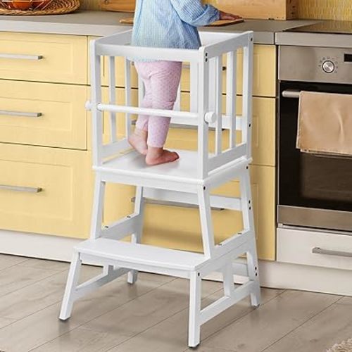 COSYLAND Kids Kitchen Step Stool Helper with Gloves Removable Anti-Drop Railing Safety Rail, Non-Slip Mat Standing Tower Stepping Stool for Toddlers Bathroom Sink Counter Learning White