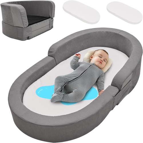 FICISOG Foldable Toddler Travel Bed with 2 Waterproof Mattress Covers, Portable Floor Bed for Toddlers 2-in-1 Convertible Baby Crib Kids Sofa Chair Toddler Camping Bed Cot for Boys Girls