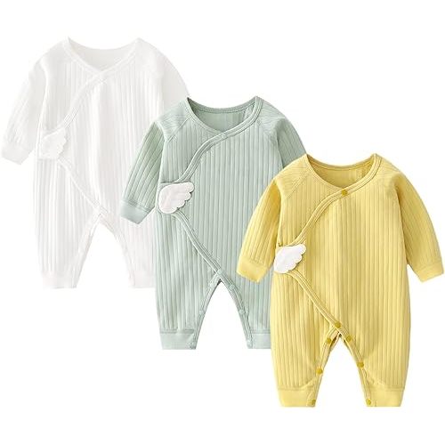 Newborn Baby Romper - Unisex Cotton Bodysuit for Infant Baby Boys Girls 3 Pack Long Sleeve Button Solid Jumpsuits