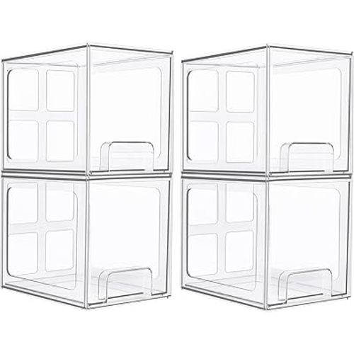 Vtopmart 4 Pack Stackable Storage Drawers, 6.6''Tall Acrylic Bathroom Makeup Organizers,Clear Plastic Storage Bins For Vanity, Undersink, Kitchen Cabinet,Pantry Organization and Storage