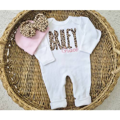 Newborn Girl Coming Home Outfit with Leopard Applique and Pink Embroidered Monogram