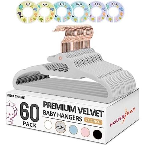 HOUSE DAY Premium Baby Hangers Velvet 60 Pack, Dino 11.4'' Baby Clothes Hangers for Kids +6 Pcs Dividers, Sturdy Children Felt Non Slip Hanger for Nursery on Baby Boys & Girls Closet Organizer - Grey